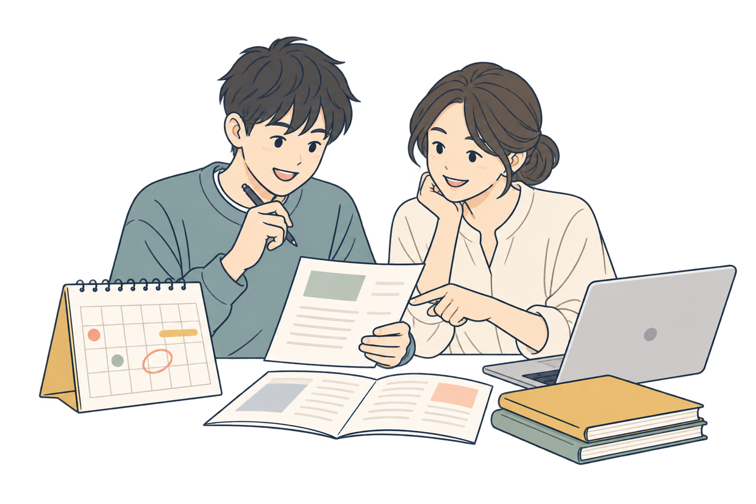 カレンダーと出願書類を見ながら、進学の予定を相談する親子