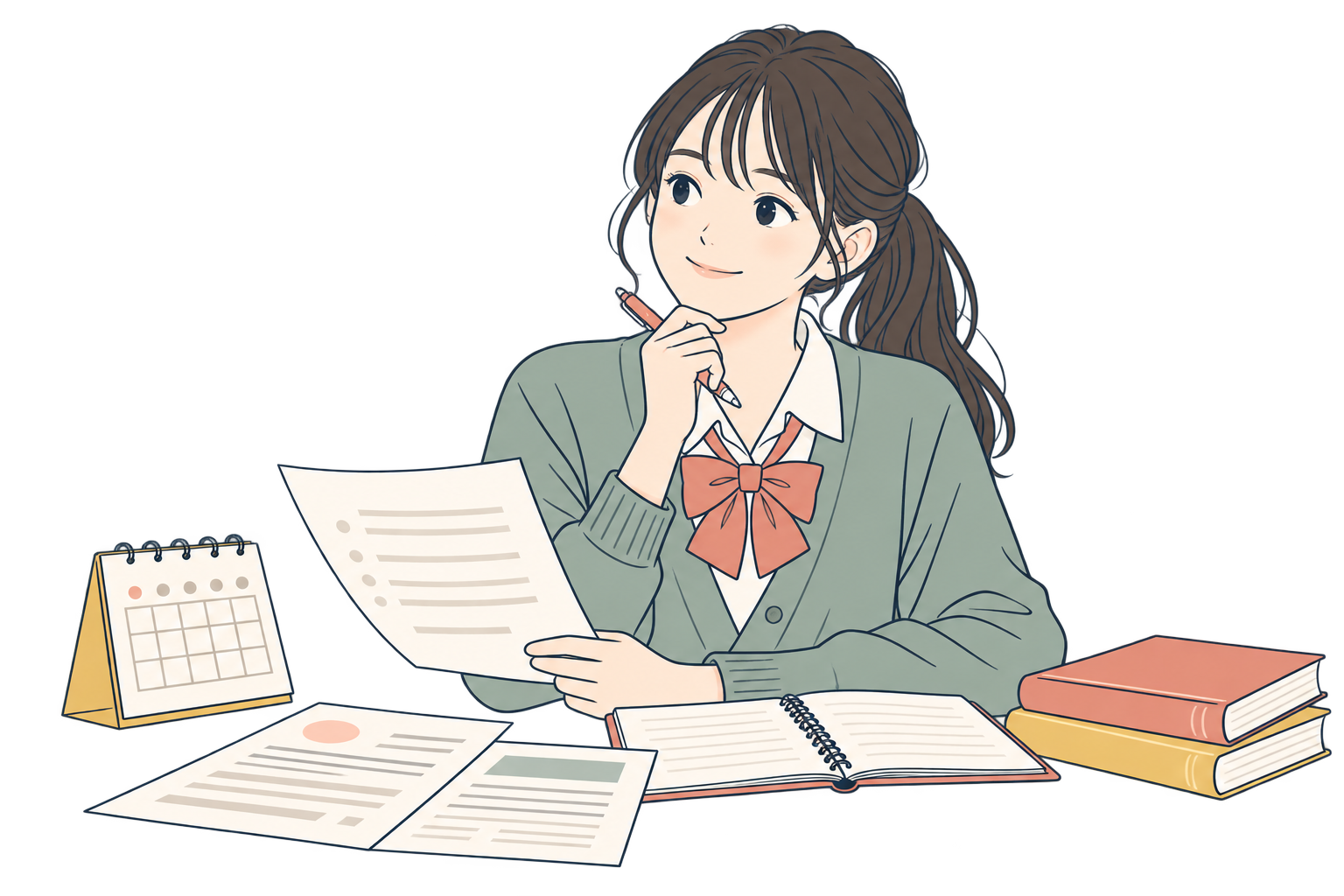 出願書類とノートを広げ、準備する内容を考える受験生